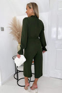 Olive High Neck Long Sleeve Belted Jumpsuit