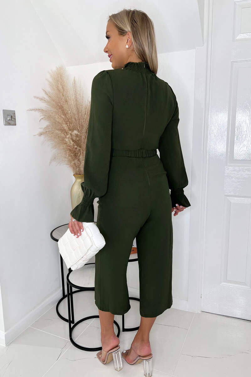 Olive High Neck Long Sleeve Belted Jumpsuit