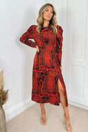 Red And Black Printed Long Sleeve Midi Dress