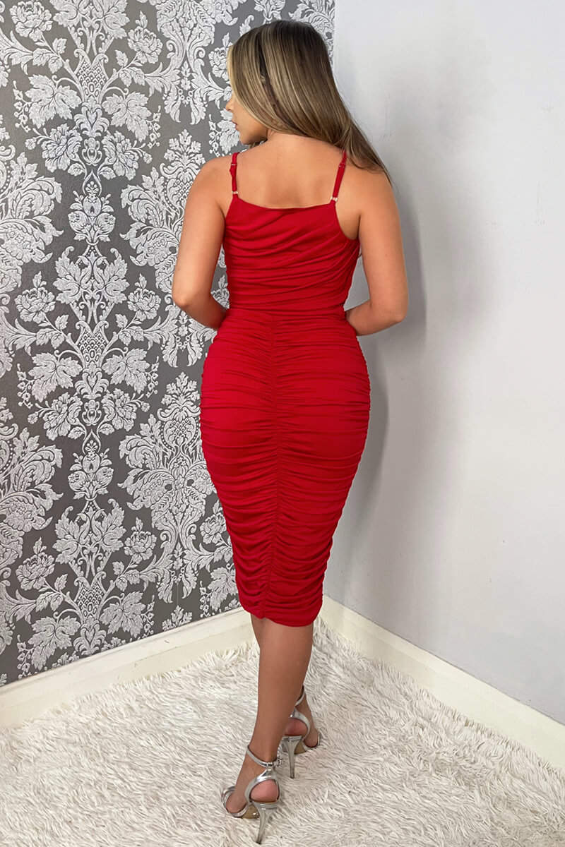 Red Ruched Pleated Top Midi Dress