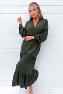 Olive Long Sleeve Wrap Top Smock Midi Dress
