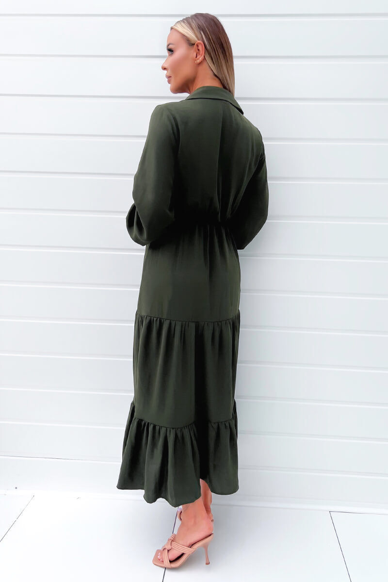 Olive Long Sleeve Wrap Top Smock Midi Dress
