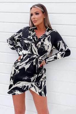 Black And White Marble Print Wrap Shirt Mini Dress