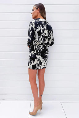 Black And White Marble Print Wrap Shirt Mini Dress