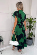 Black And Green Floral Print Wrap Midi Dress