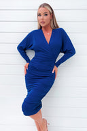 Cobalt Blue Ruched Wrap Top Midi Dress