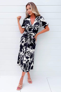 Black And White Printed Frill Front Midi Dress