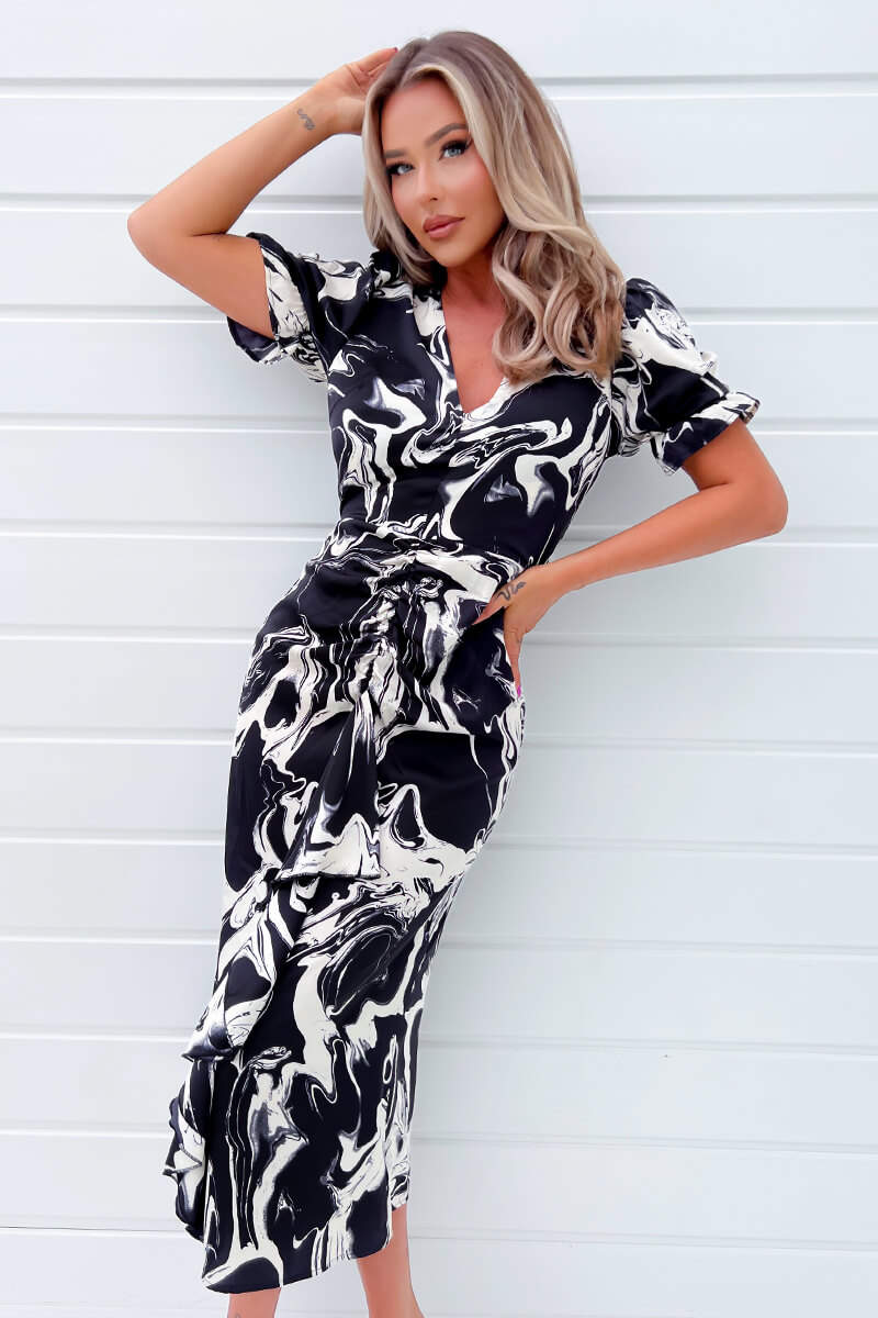 Black And White Printed Frill Front Midi Dress