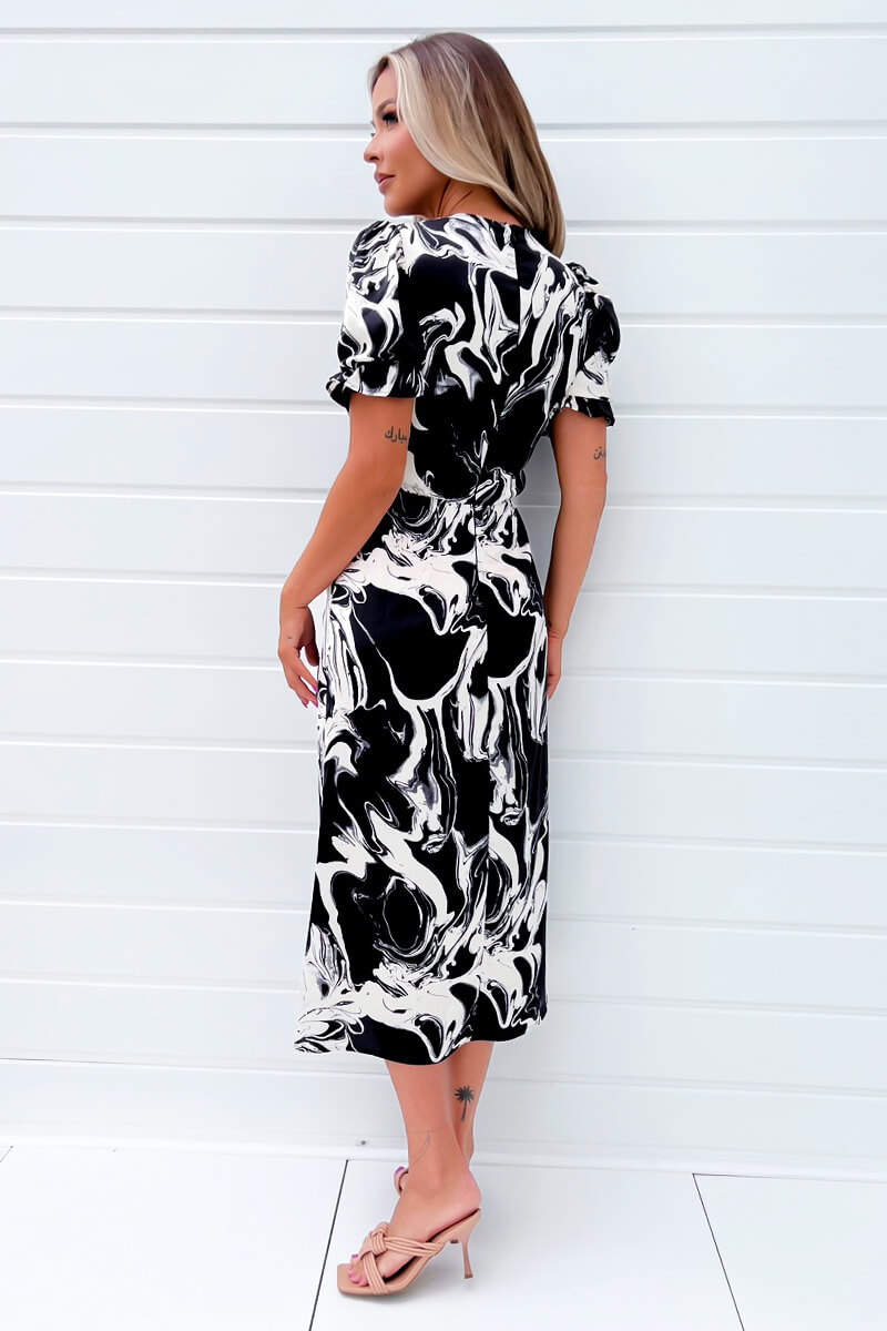 Black And White Printed Frill Front Midi Dress