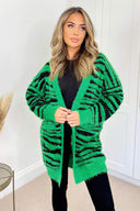 Green And Black Fluffy Knit Long Sleeve Animal Print Cardigan