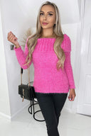 Hot Pink Wide Roll Neck Long Sleeve Fluffy Knitted Jumper