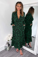 Green Leopard Print Long Sleeve Smock Midi Dress