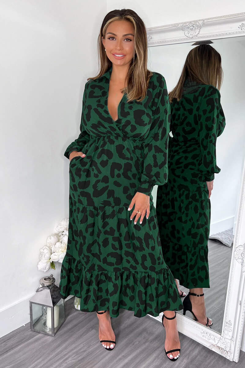 Green Leopard Print Long Sleeve Smock Midi Dress