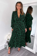 Green Leopard Print Long Sleeve Smock Midi Dress