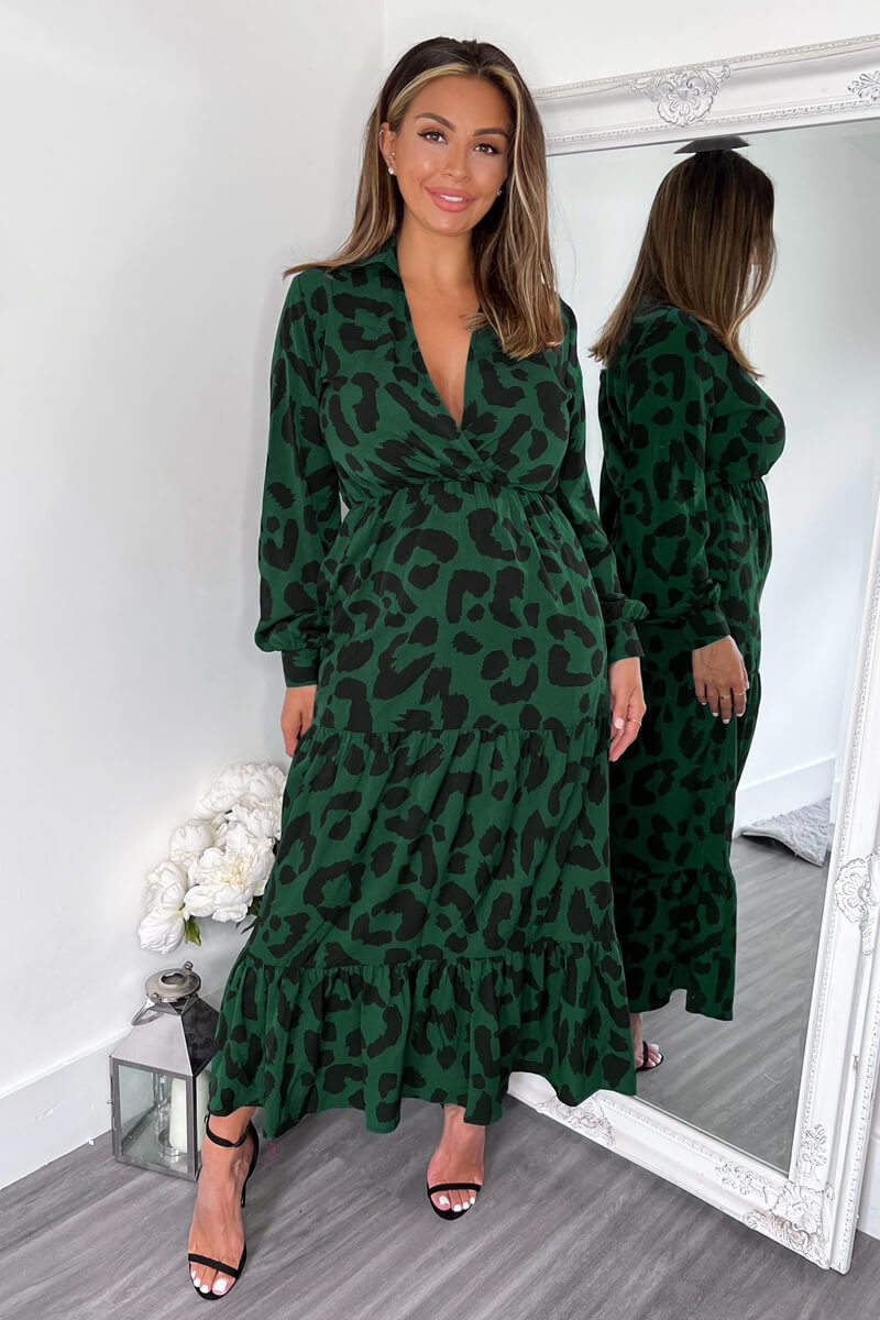 Green Leopard Print Long Sleeve Smock Midi Dress