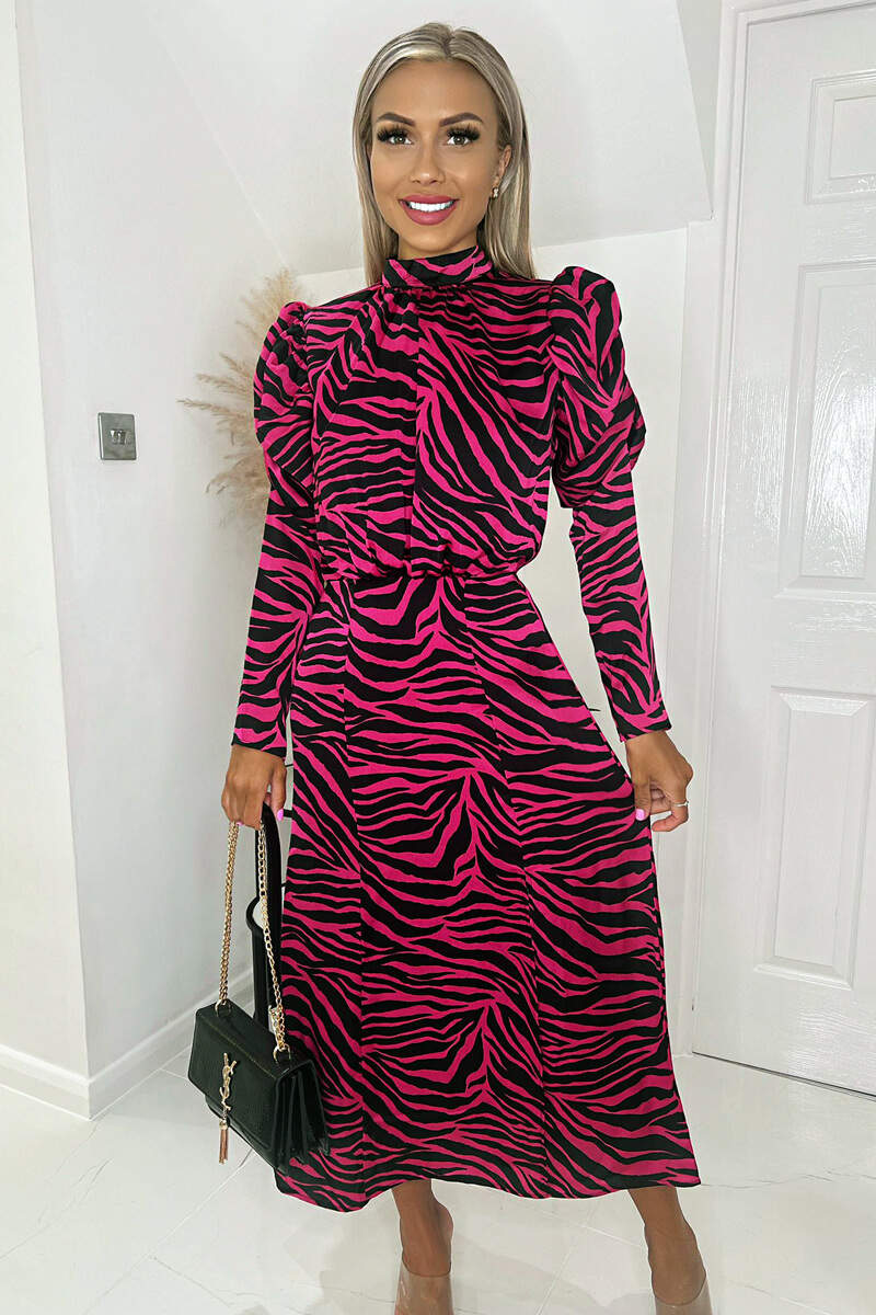 Pink Zebra Print Long Puff Sleeve Midi Dress