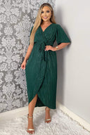 Green Wrap Top Belted Short Sleeve Plisse Midi Dress