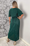 Green Wrap Top Belted Short Sleeve Plisse Midi Dress