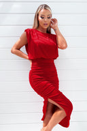 Red Pleated Shoulder Sleeveless Bodycon Dress