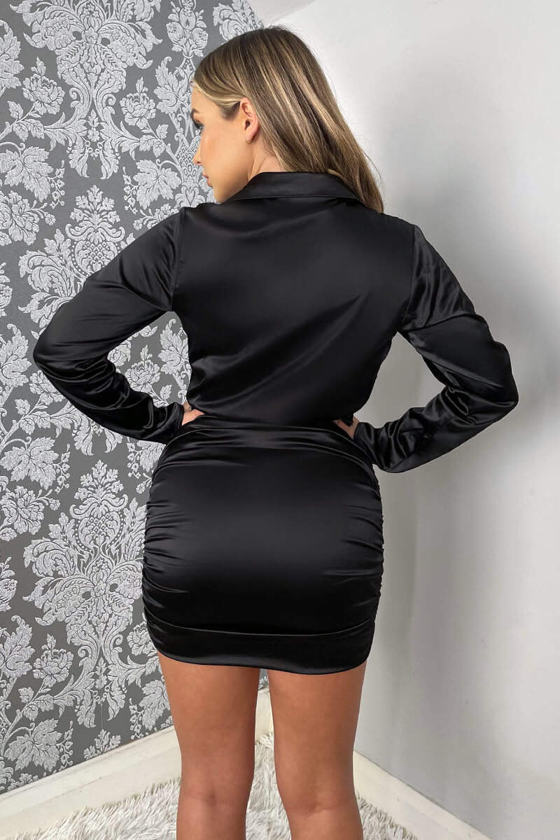 Black Satin Long Sleeve Wrap Top Ruched Mini Dress