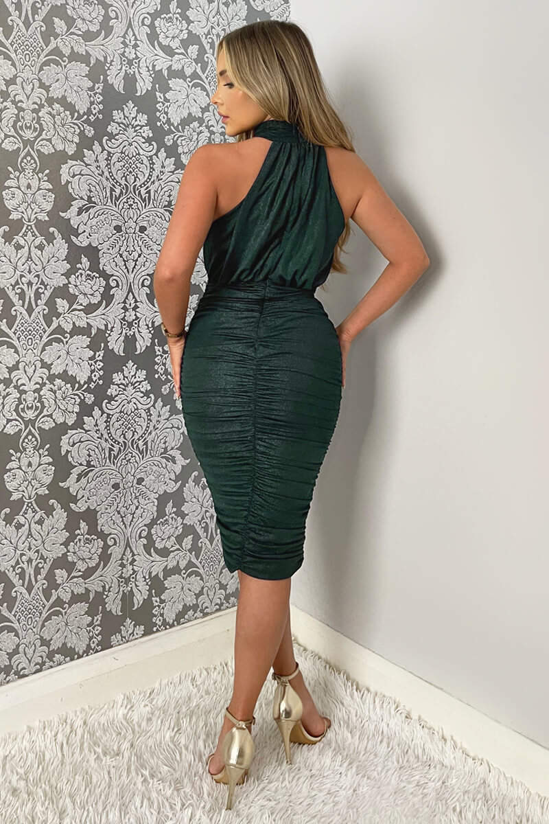 Teal Shimmer High Neck Ruched Bodycon Midi Dress