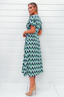 Green and Navy Printed Wrap Top Midi Dress