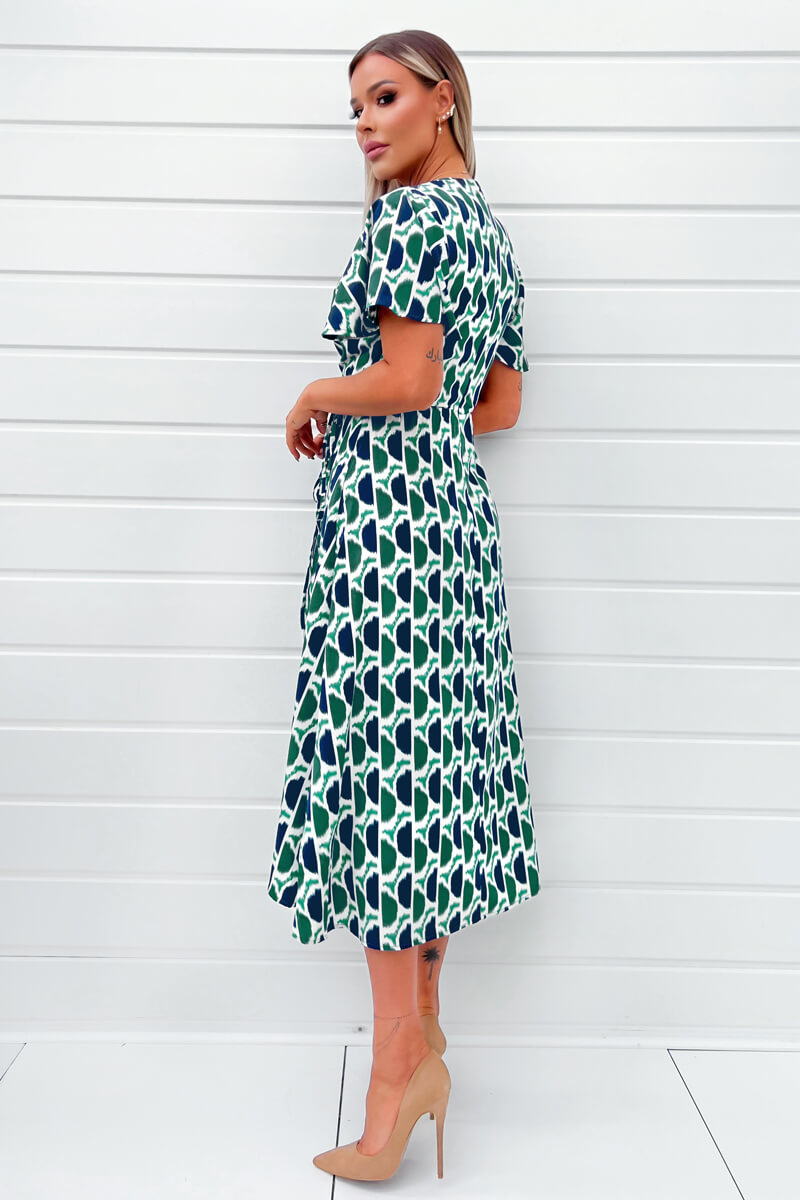 Green and Navy Printed Wrap Top Midi Dress