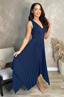 Navy V Neck Pleated Skirt Belted Waist Midi Dress