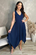 Navy V Neck Pleated Skirt Belted Waist Midi Dress