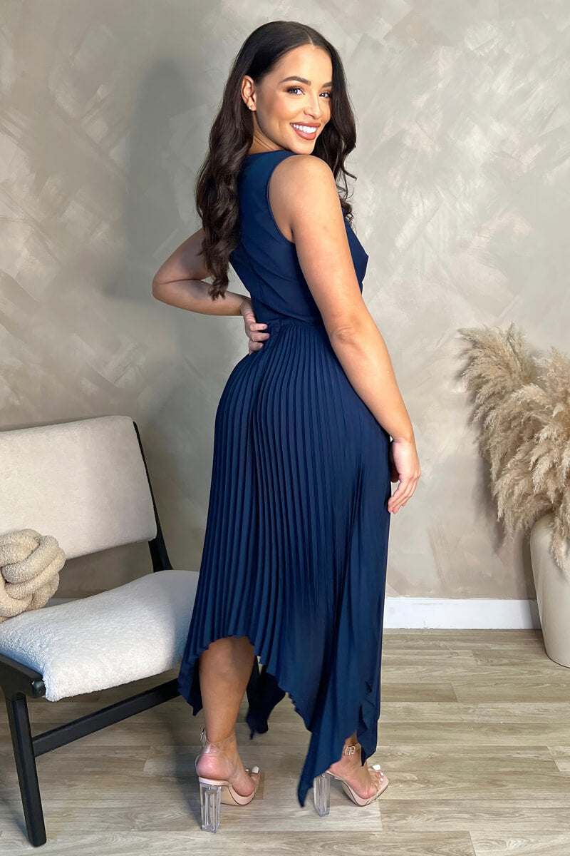 Navy V Neck Pleated Skirt Belted Waist Midi Dress