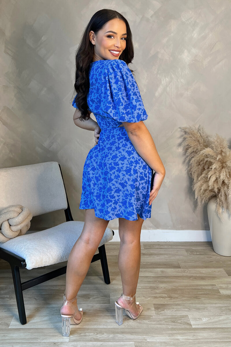 Blue Floral Printed Cut Out Round Neck Mini Dress