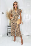 Peach And Black Printed V Neck Frill Sleeve Jumpsuit
