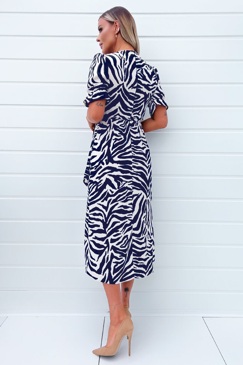 Navy and Cream Zebra Printed Wrap Skirt Midi Dress