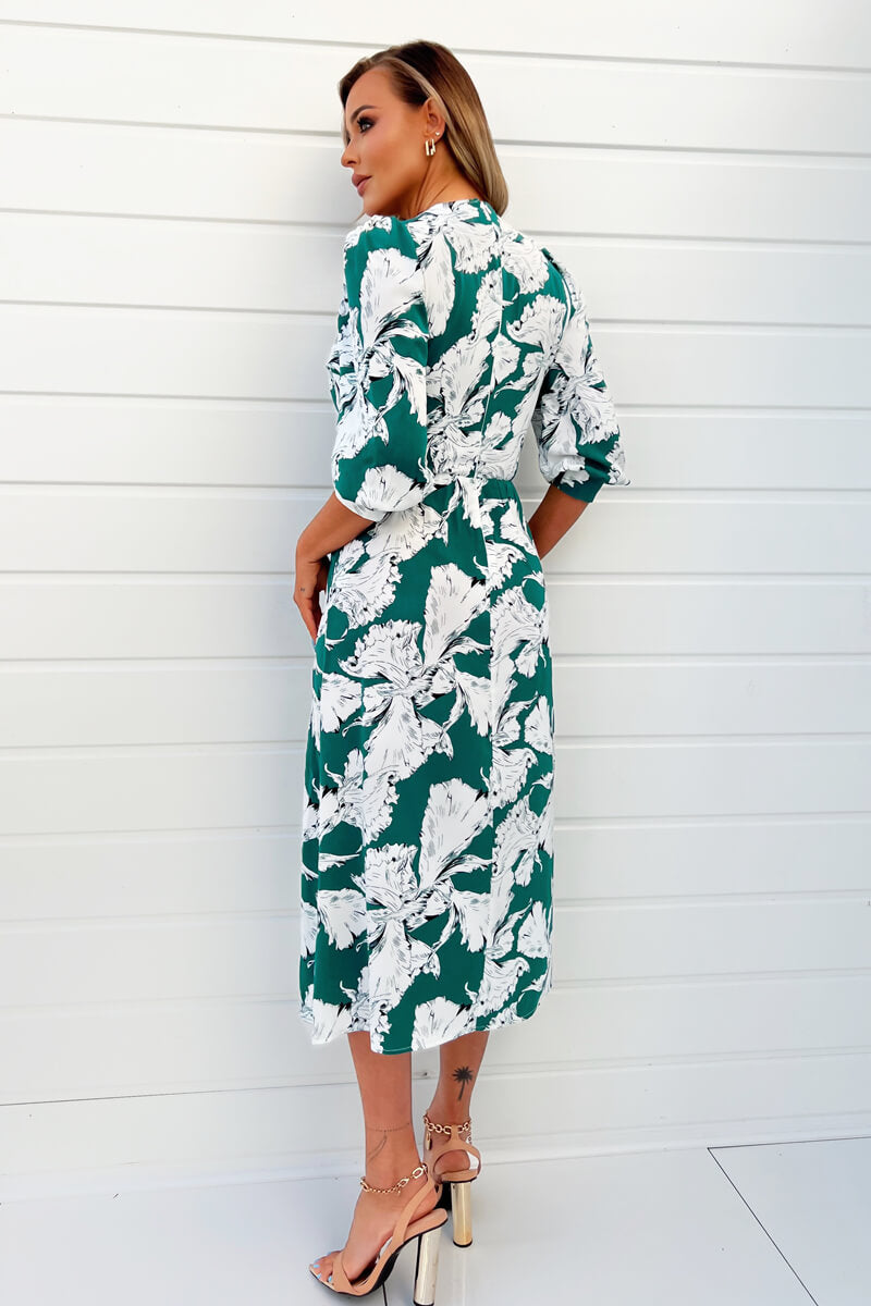 Green And White Floral Print Wrap Top Midi Dress