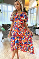 Multi Printed Butterfly Sleeve Wrap Midi Dress