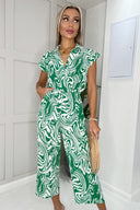 Green And White Printed V Neck Wrap Top Jumpsuit