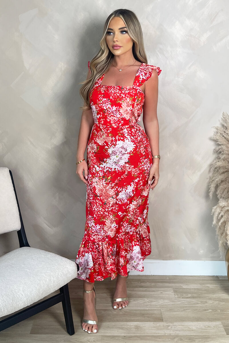 Red Floral Printed Frill Strap Midi Dress