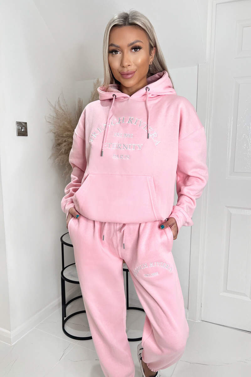 Pink French Riviera Embroidered Slogan Hoodie Lounge Set