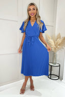 Blue Pleated Midi Dress with Tie Waist