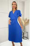 Blue Pleated Midi Dress with Tie Waist