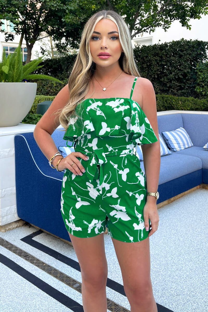 Green And White Floral Printed Frill Top Belted Playsuit