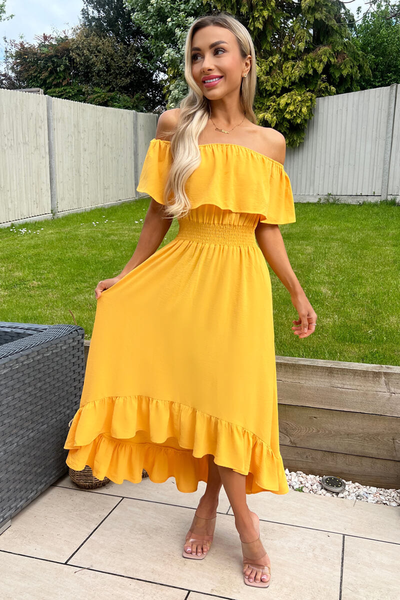 Yellow Bardot Style Midi Dress
