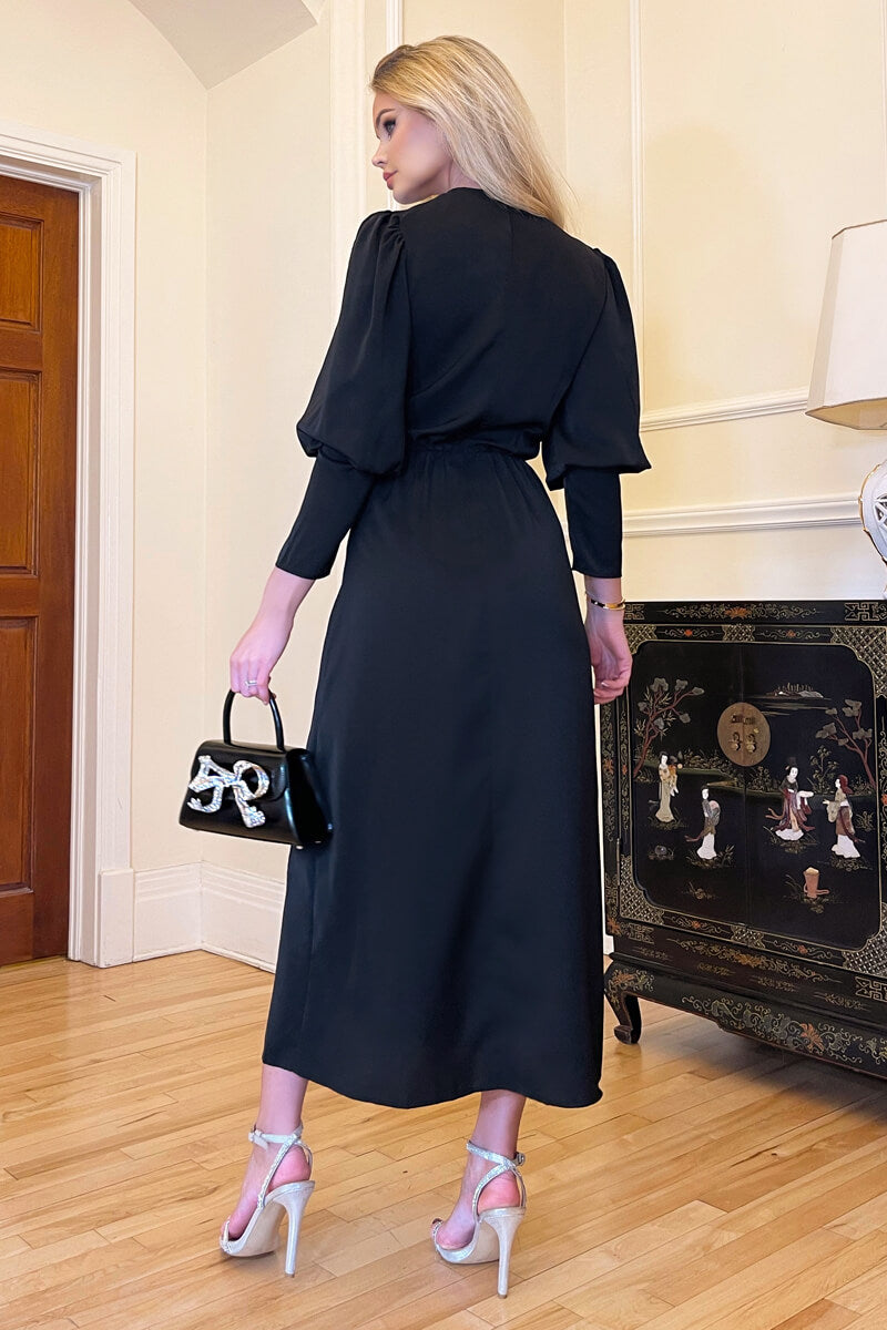 Black Wrap Top Long Sleeve Midi Dress