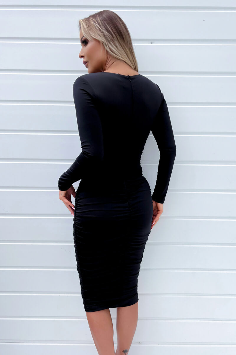 Black Long Sleeve Ruched Midi Bodycon Dress