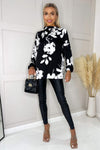 Black And White Print Ruffle Neck Long Sleeve Top