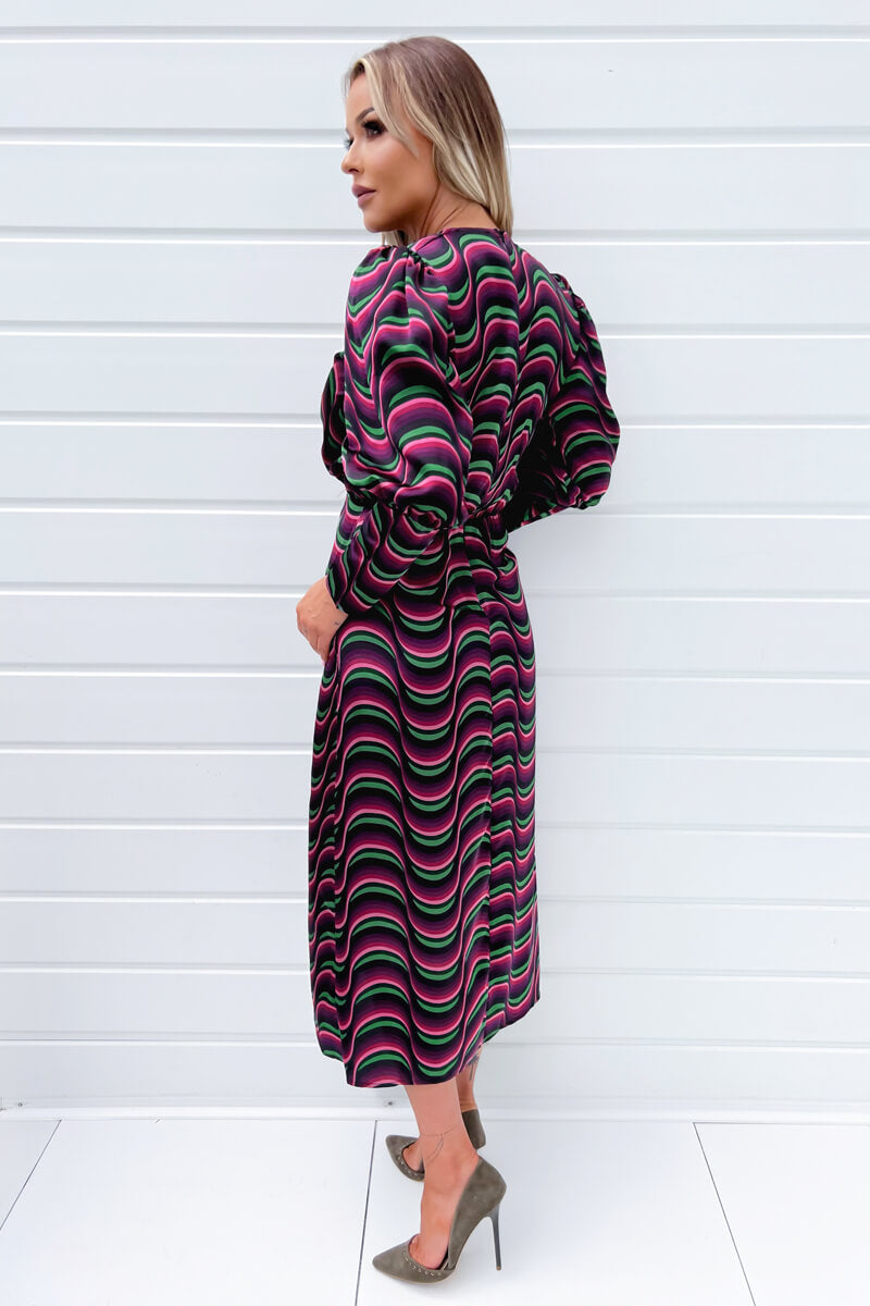 Multi Printed Long Sleeve Wrap Top Midi Dress