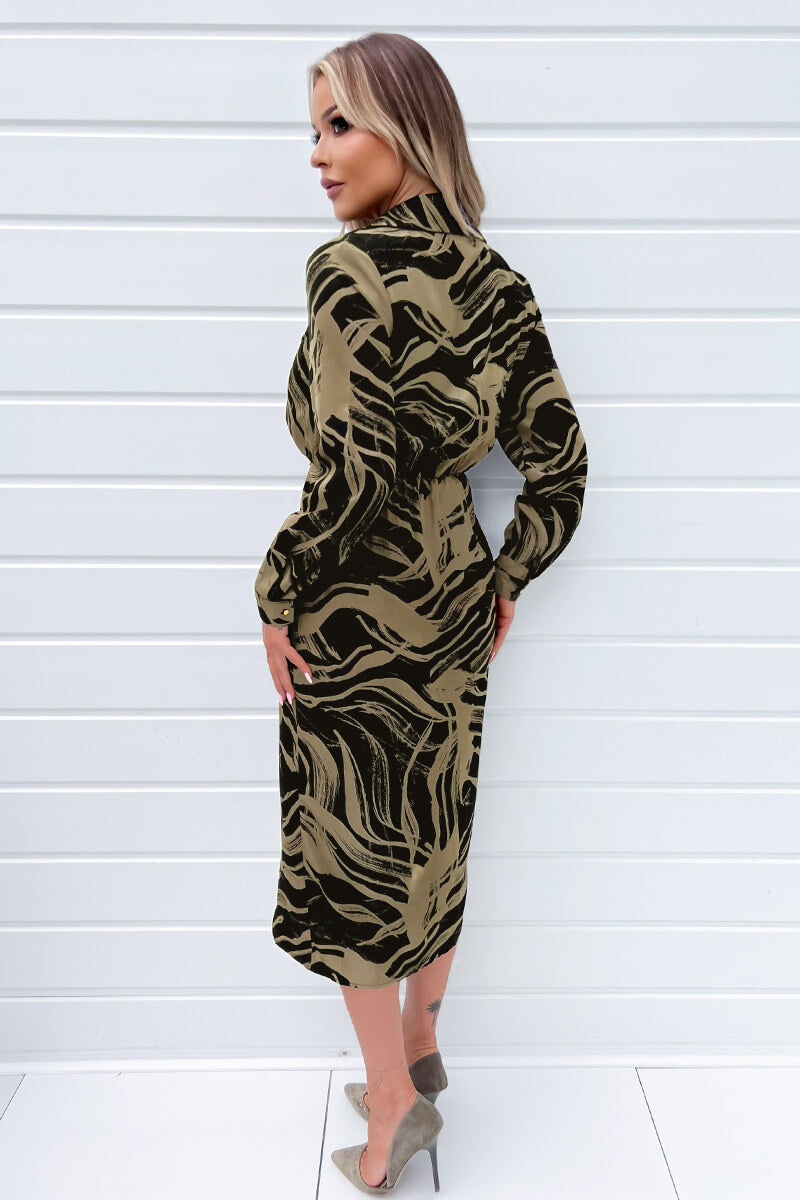 Black and Khaki Print Wrap Collared Midi Dress