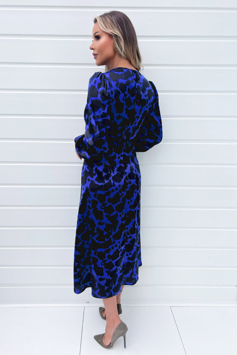 Cobalt And Black Print Long Sleeve Belted Wrap Midi Dress