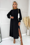 Black Long Sleeve Shirred Detail Midi Dress