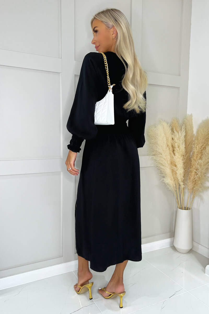 Black Long Sleeve Shirred Detail Midi Dress